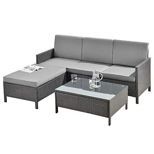 Produktbild: (en.casa) Gartenmöbelset Murcia Rattan 3-TLG. Rattan-Möbel Sitzgruppe Gartenlounge Loungeset Polyrattan Dunkel-/Hellgrau