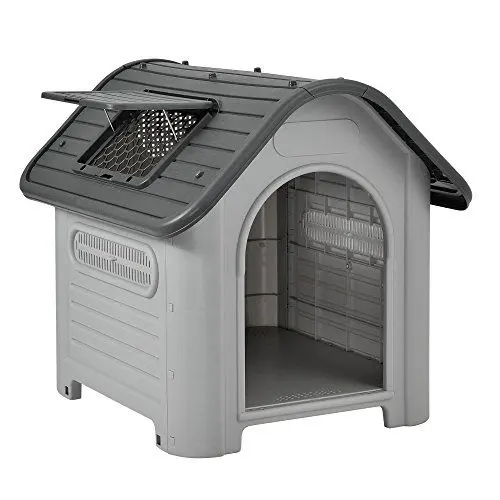 Produktbild: (en.casa) Hundehütte Outdoor Bello Hundehöhle wetterfest Hundehaus mit Dachluke und Lüftungsschlitzen 87 x 72 x 75 cm Kleintierhaus erhöhter Boden Kunststoff Weiß/Grau