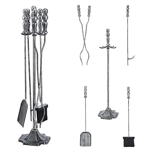 Produktbild: (en.casa) Kaminbesteck Dovre 5-teilige Kamingarnitur 5-TLG. Kaminwerkzeug Set Ständer, Besen, Schaufel, Zange und Schürhaken Silber