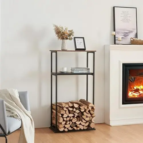 Produktbild: (en.casa) Kaminholzregal Turku Feuerholzständer mit 3 Ablagen Holzlager aus Stahl Brennholzregal Holzunterstand Brennholzständer für Innen 60x30x112cm Schwarz