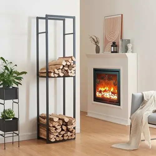 Produktbild: (en.casa) Kaminholzregal Ulvila Feuerholzständer mit 2 Ablagen Holzlager aus Stahl Brennholzregal Holzunterstand Brennholzständer für Innen 45x30x170cm Schwarz