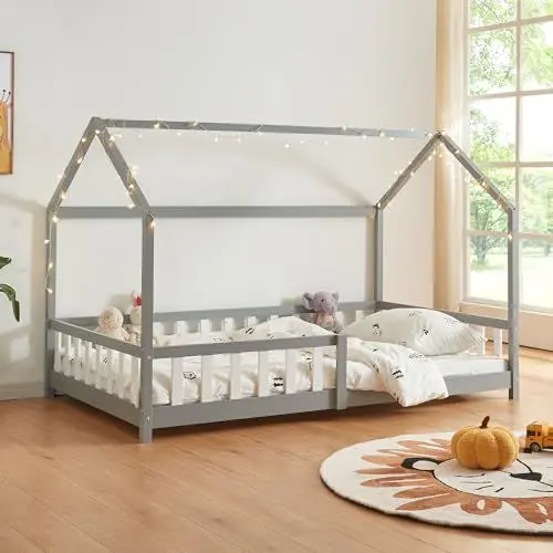 Produktbild: (en.casa) Kinderbett Hesel Hausbett Grau 120 x 200 cm mit Rausfallschutz und Lattenrost Bodenbett Jugendbett Holzbett