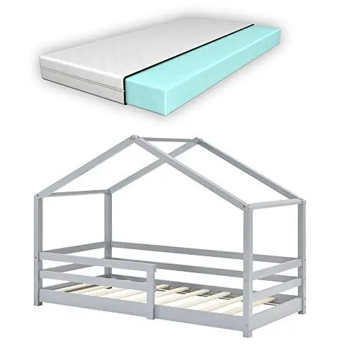 Produktbild: (en.casa) Kinderbett Knätten mit Matratze und Rausfallschutz 80x160cm Hausbett mit Kaltschaummatratze Bettenhaus mit Lattenrost Kiefernholz Kleinkindbett Hellgrau