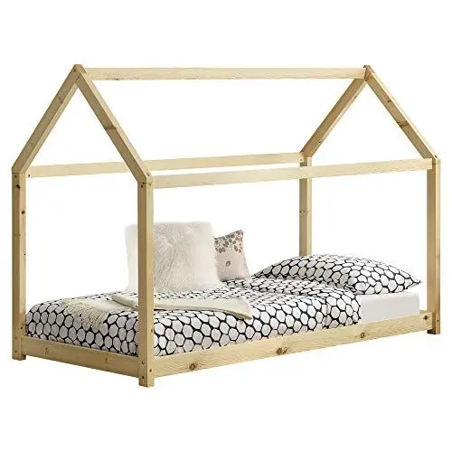 Produktbild: (en.casa) Kinderbett Netstal 70x140cm Haus aus Holz Natur Bettenhaus für Kinder Hausbett Kinderzimmer Bett Kiefernholz Holzfarben