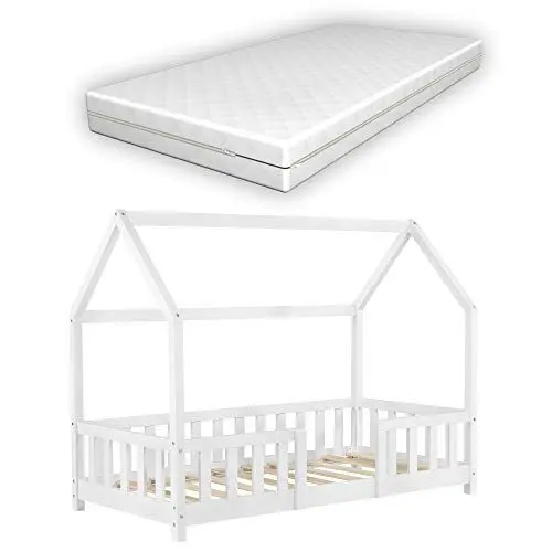 Produktbild: (en.casa) Kinderbett Sisimiut mit Matratze 70 x 140 cm Hausbett mit Rausfallschutz Holzbett für Kinder Bodenbett Lattenrost Kiefernholz Weiß