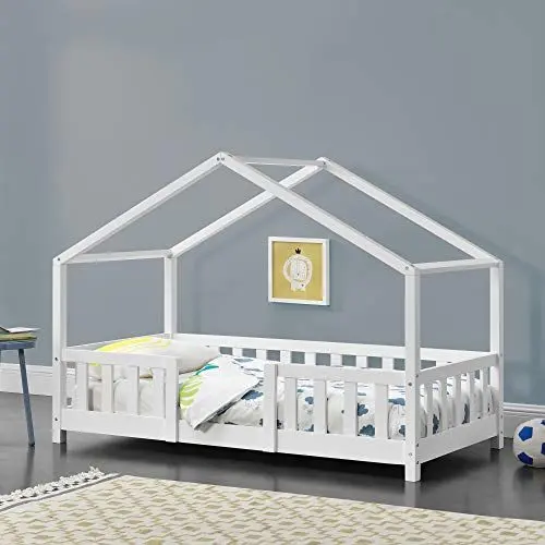 Produktbild: (en.casa) Kinderbett Treviolo Hausbett 80 x 160 cm Holzbett für Kinder mit Rausfallschutz Bettgestell mit Lattenrost Kiefernholz Weiß