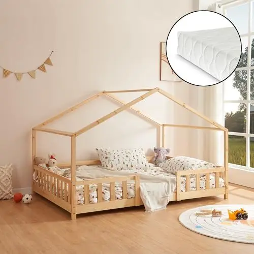 Produktbild: (en.casa) Kinderbett Treviolo mit Matratze 120x200cm Hausbett Holzbett für Kinder mit Rausfallschutz Bettgestell mit Lattenrost Spielbett Kiefernholz Holz Natur