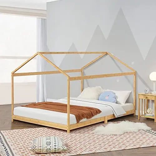 Produktbild: (en.casa) Kinderbett Vindafjord 140 x200 cm Bettenhaus Spielbett Juniorbett Bettgestell mit Lattenrost aus Bambus in Haus-Optik