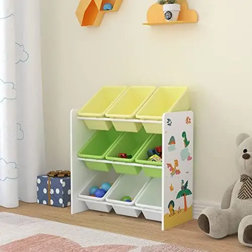 Produktbild: (en.casa) Kinderregal Muxía mit 9 Aufbewahrungsboxen Spielzeugregal mit Dinosaurier-Motiv Spielregal Weiß Grün Gelb Kinderzimmer Organizer