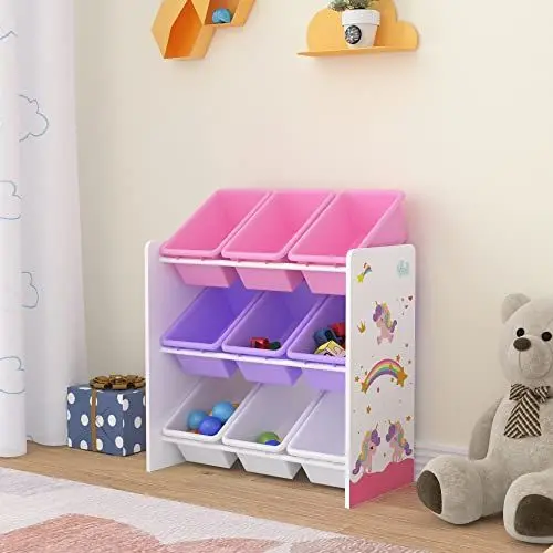 Produktbild: (en.casa) Kinderregal Muxía mit 9 Aufbewahrungsboxen Spielzeugregal mit Einhorn-Motiv Spielregal Weiß Lila Rosa Kinderzimmer Organizer