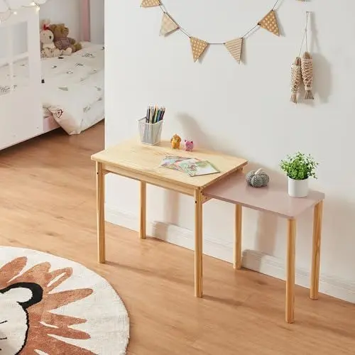 Produktbild: (en.casa) Kindertisch Skellefteå Kinderschreibtisch ausziehbar 60 x 38 x 52 cm Spieltisch Maltisch Lerntisch abgerundete Ecken Basteltisch Aktivitätstisch Natur/Rosa