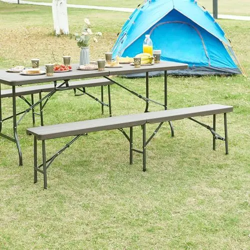 Produktbild: (en.casa) Klappbank-Set Lillestrøm 2-TLG. Gartenbank klappbar Campingbank 180 x 25 x 43 cm Holzoptik Dunkelbraun Outdoor Bank tragbar