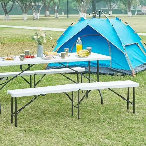 Produktbild: (en.casa) Klappbank-Set Ljusnarsberg 2-TLG. Gartenbank klappbar Campingbank 180 x 25 x 43 cm Weiß Outdoor Bank tragbar