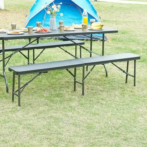 Produktbild: (en.casa) Klappbank-Set Mark 2-TLG. Gartenbank klappbar Campingbank 180 x 25 x 43 cm Rattanoptik Schwarz Outdoor Bank tragbar