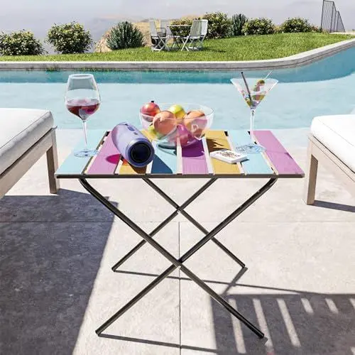 Produktbild: (en.casa) Klapptisch Cavallino Campingtisch klappbar 60 x 40 x 57 cm höhenverstellbar Gartentisch Holz Outdoor Tisch Metallgestell Falttisch Mehrfarbig