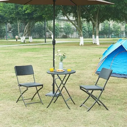 Produktbild: (en.casa) Klapptisch Mark Gartentisch Campingtisch klappbar 60 x 74 cm rund Picknicktisch Outdoor Rattanoptik, Schwarz