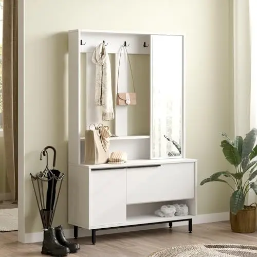 Produktbild: (en.casa) Kompaktgarderobe Vesanto Garderobenständer Kleiderständer Garderobenschrank mit Spiegel Garderobe 178 x 112 x 36 cm Garderobenregal mit Schuhschrank Flurgarderobe Kleiderregal Weiß