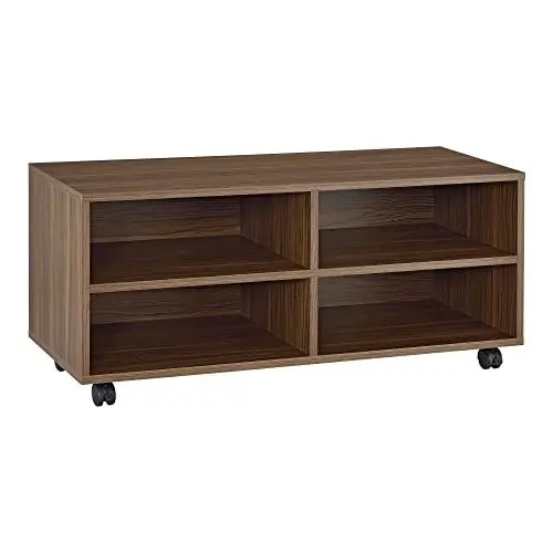 Produktbild: (en.casa) Lowboard auf Rollen 'Gränne' 90x35x41cm mobiles Regal TV-Schrank 4 Ablagen Fernsehregal Fernsehtisch Dunkler Holzton