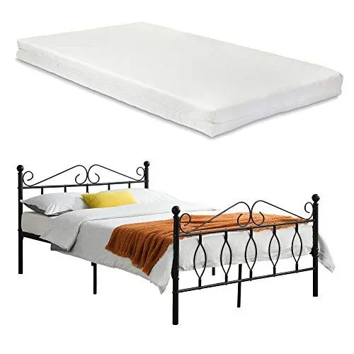 Produktbild: (en.casa) Metallbett Apolda 140x200 cm Jugendbett mit Matratze und Lattenrost Doppelbett mit Kaltschaummatratze bis 300kg Schwarz