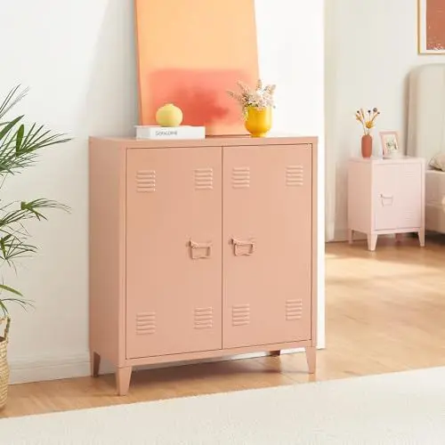 Produktbild: (en.casa) Metallschrank Oripää Wohnzimmerschrank 90 x 80 x 33 cm Aktenschrank Werkstattschrank mit 2 Türen und Einer höhenverstellbaren Ablage Hellbraun
