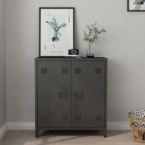Produktbild: (en.casa) Metallschrank Oripää Wohnzimmerschrank 90 x 80 x 33 cm Aktenschrank Werkstattschrank mit 2 Türen und Einer höhenverstellbaren Ablage Schwarz