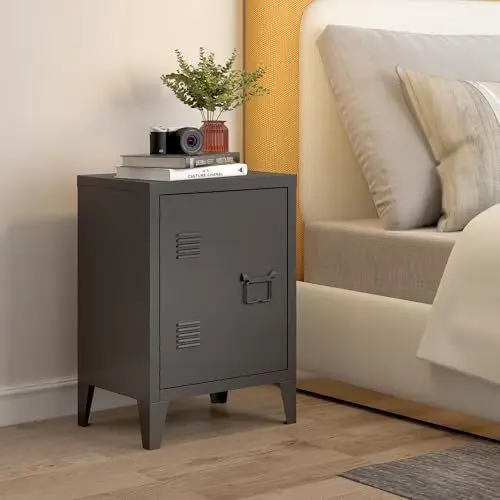 Produktbild: (en.casa) Nachttisch Inari Nachtschrank Schwarz Nachtkästchen mit Einer Schranktür Sofatisch Türgriff rechts Metall Nachtkommode 57 x 40 x 30 cm Büroschrank