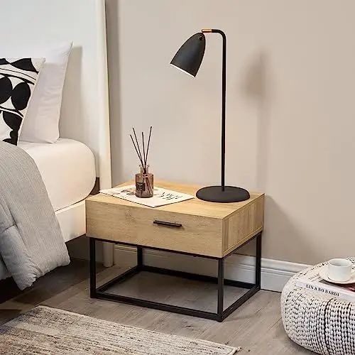 Produktbild: (en.casa) Nachttisch Lavangen Nachtschrank mit Einer Schublade Beistelltisch 39 x 55 x 40 cm in Eicheoptik für Schlafzimmer Wohnzimmer
