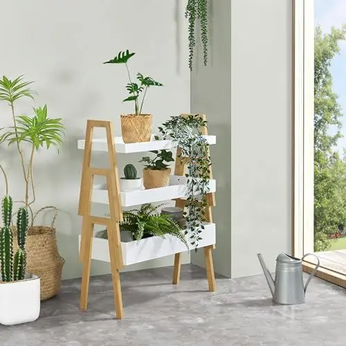 Produktbild: (en.casa) Pflanzenregal Hitra Stapelregal aus Bambus 3-TLG. Blumenregal Standregal mit 3 Ablagen Weiß Pflanztisch 85 x 65 x 30 cm Bambusregal stehend