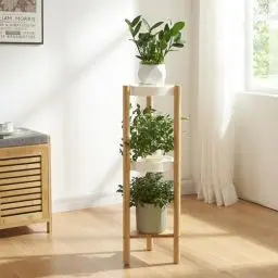 Produktbild: (en.casa) Pflanzenständer Sastamala Blumenregal Blumenständer Bambus mit 3 Ablagen rund Natur/Weiß Blumentreppe Pflanzenregal 78 x 25 x 25 cm