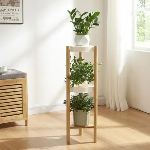 Produktbild: (en.casa) Pflanzenständer Sastamala Blumenregal Blumenständer Bambus mit 3 Ablagen rund Natur/Weiß Blumentreppe Pflanzenregal 78 x 25 x 25 cm