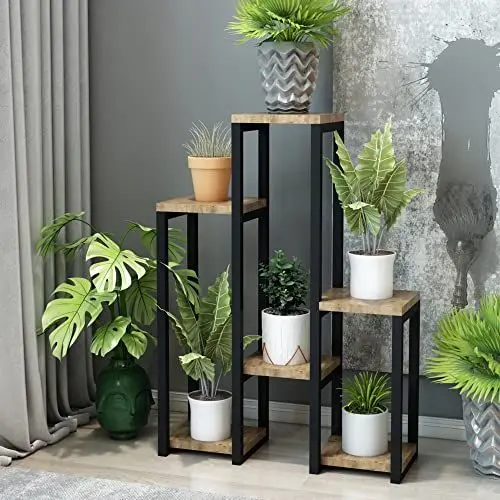 Produktbild: (en.casa) Pflanzregal Rosenholm Standregal mit 6 Ablagen Blumenregal aus Metall Blumentreppe für Wohnzimmer Schlafzimmer Flur Schwarz/Holzfarben