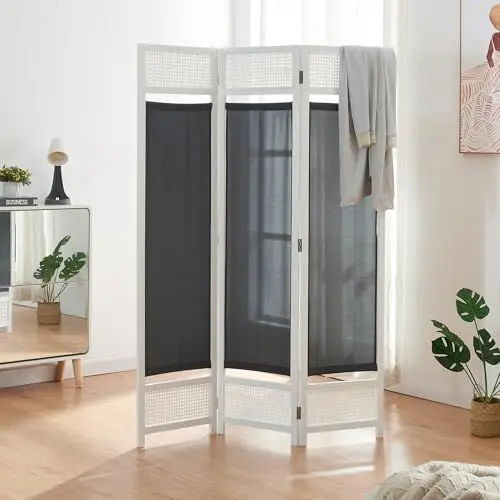 Produktbild: (en.casa) Raumteiler Dorotea Paravent Sichtschutz 3-teilig Raumtrenner faltbar Spanische Wand 120 x 170 cm Trennwand Paneele in Rattanoptik Rahmen aus Bambus Stellwand freistehend Weiß/Dunkelgrau