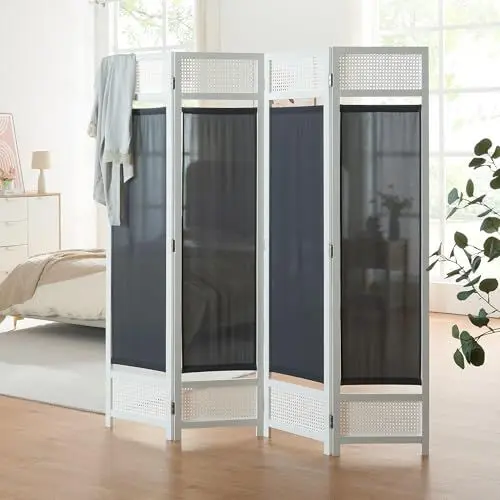 Produktbild: (en.casa) Raumteiler Dorotea Paravent Sichtschutz 4-teilig Raumtrenner faltbar Spanische Wand 160 x 170 cm Trennwand Paneele in Rattanoptik Rahmen aus Bambus Stellwand freistehend Weiß/Dunkelgrau