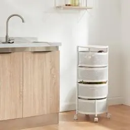 Produktbild: (en.casa) Rollwagen Steigen mit 4 Ebenen mehrlagiges Küchenregal mit Rädern Servierwagen aus Stahl ausklappbare Körbe Regal für Küche, Bad 74,5 x Ø33 cm Weiß