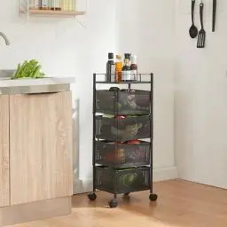 Produktbild: (en.casa) Rollwagen Sunndal mit 4 Ebenen mehrlagiges Küchenregal mit Rädern Servierwagen aus Stahl ausklappbare Körbe Regal für Küche, Bad 79,5x27x27cm Schwarz