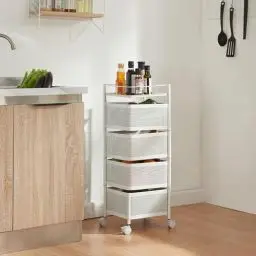 Produktbild: (en.casa) Rollwagen Sunndal mit 4 Ebenen mehrlagiges Küchenregal mit Rädern Servierwagen aus Stahl ausklappbare Körbe Regal für Küche, Bad 79,5x27x27cm Weiß