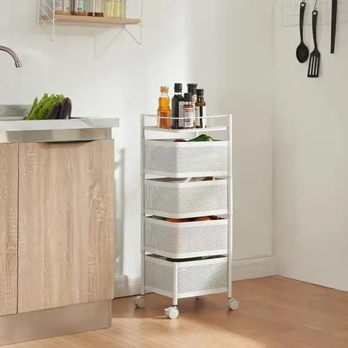 Produktbild: (en.casa) Rollwagen Sunndal mit 4 Ebenen mehrlagiges Küchenregal mit Rädern Servierwagen aus Stahl ausklappbare Körbe Regal für Küche, Bad 79,5x27x27cm Weiß