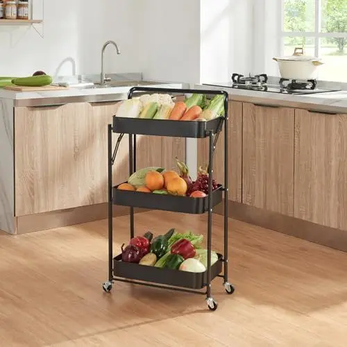 Produktbild: (en.casa) Rollwagen Vörá Beistellwagen mit 3 Ablagekörben faltbares Küchenregal Servierwagen aus Stahl rollendes Regal für Küche, Bad 88 x 45 x 30 cm Schwarz
