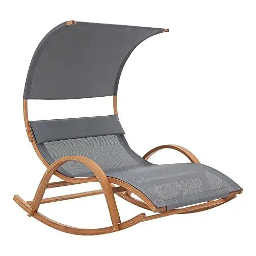 Produktbild: (en.casa) Schaukelliege Kasos 181 x 135 x 190 cm Liegestuhl mit Sonnendach Schaukelstuhl mit Kopfkissen und Armlehnen Gartenliege Lärchenholz Polyester Dunkelgrau