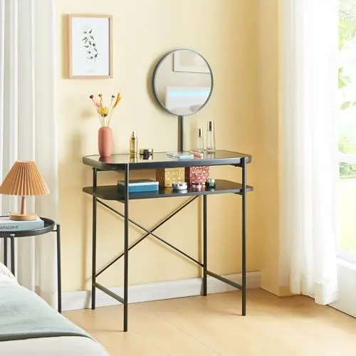 Produktbild: (en.casa) Schminktisch Hjelmeland Frisiertisch mit Spiegel und Ablage Kosmetiktisch 129 x 80 x 44 cm Frisierkommode Make-up Tisch mit Metallgestell Schminkkommode Schwarz