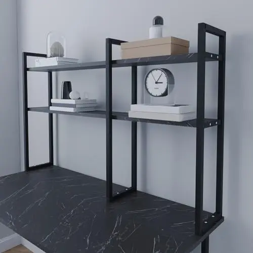 Produktbild: (en.casa) Schreibtischregal Askøy Organizer mit 2 Ablagen Tischaufsatz Bücherregal Tischregalständer für Büro Homeoffice 119x20x70cm Marmor, schwarz