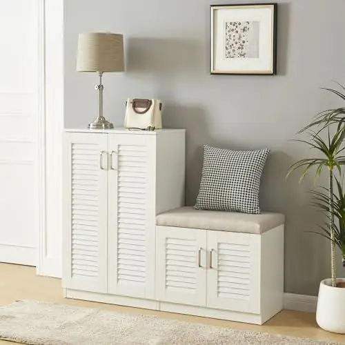 Produktbild: (en.casa) Schuhschrank Løten Schuhregal Flurschrank mit 4 Türen und 9 Ablagen Sideboard 120 x 36 x 97 cm bis zu 18 Paar Schuhablage mit gepolsterter Sitzbank Schuhaufbewahrung Weiß