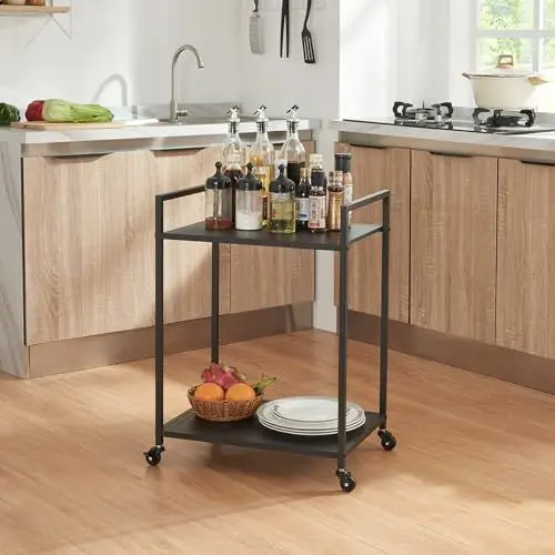 Produktbild: (en.casa) Servierwagen Lesja Küchenwagen mit Rollen Rollwagen mit 2 Ablagen Metall Beistellwagen Rollregal Badregal 68,5 x 50 x 36 cm Schwarz