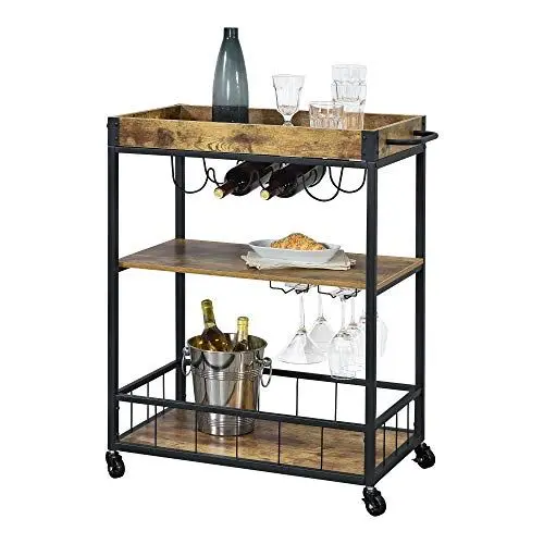 Produktbild: (en.casa) Servierwagen mit Flaschen- und Glashalter Beistellwagen 89,5x67x40cm Allzweckwagen Rollwagen schwarz/holzfarben