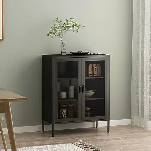 Produktbild: (en.casa) Sideboard Falköping Kommode Vitrinenschrank Wohnzimmerschrank Bücherregal Beistellschrank Standschrank aus Stahl mit 2 Gittertüren 101,5x80x40cm Schwarz
