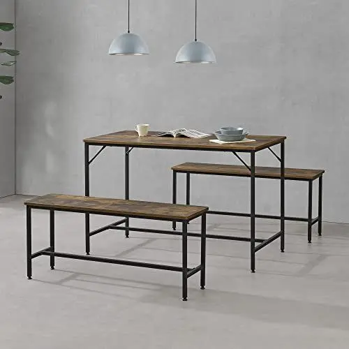 Produktbild: (en.casa) Sitzgruppe Pajala Esstisch- und Bank Set 3 teilig Essgruppe für 4 Tisch 120 x 60 cm mit 2 Bänken Essgruppe Tischgruppe Schwarz/Dunkler Holzton