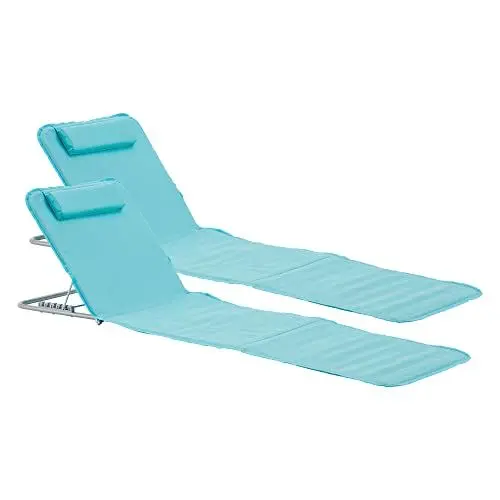 Produktbild: (en.casa) Strandmatte Cellorigo 2er Set Strandliege klappbar Türkis Sonnenmatte mit 5-Fach Verstellbarer Rückenlehne Kissen Liegematte mit Tragetasche 160 x 49 cm