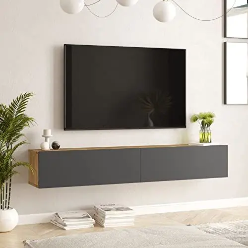 Produktbild: (en.casa) TV Hängeboard Lapinlahti Lowboard Hängeschrank 180 cm TV Board Fernsehtisch Wandregal hängend Eiche rustikal/Anthrazit