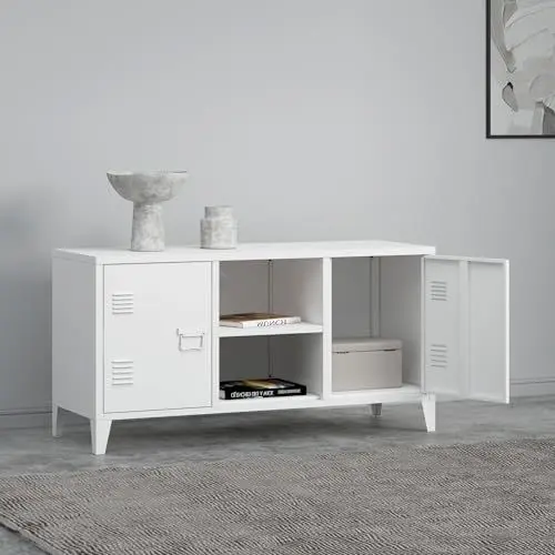 Produktbild: (en.casa) TV Schrank Kotka Lowboard mit 2 Türen TV Board Weiß Fernsehtisch TV Kommode Fernsehschrank 113 x 40 x 58 cm Metall