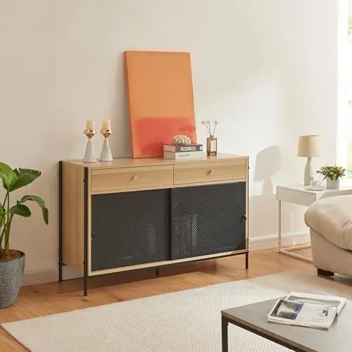 Produktbild: (en.casa) TV Schrank Tysnes Lowboard mit 2 Türen und 2 Schubladen Fernsehschrank 120 x 40 x 75 cm TV Board TV Kommode mit Metallgestell Fernsehtisch Eiche/Schwarz